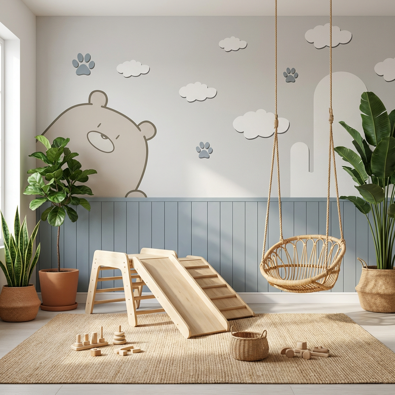 Montessori Wallpaper | Gentle Bear & Clouds