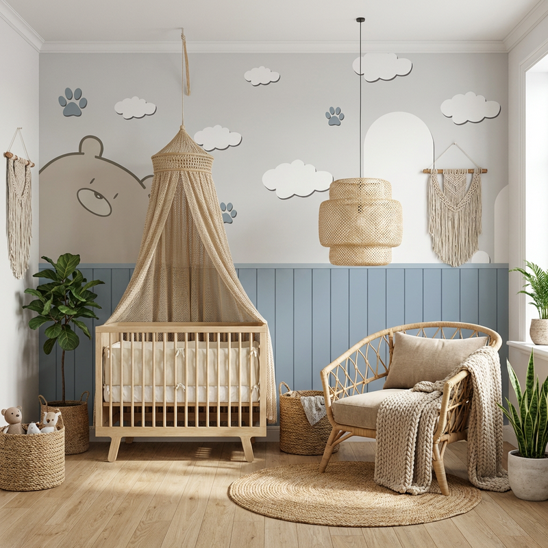 Montessori Wallpaper | Gentle Bear & Clouds