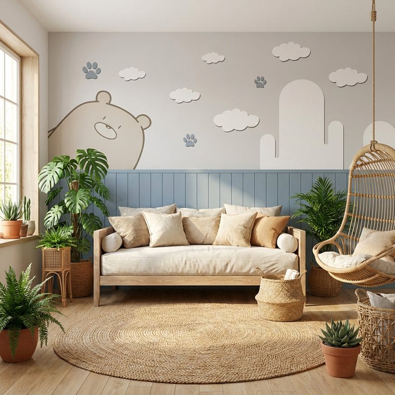 Montessori Wallpaper | Gentle Bear & Clouds