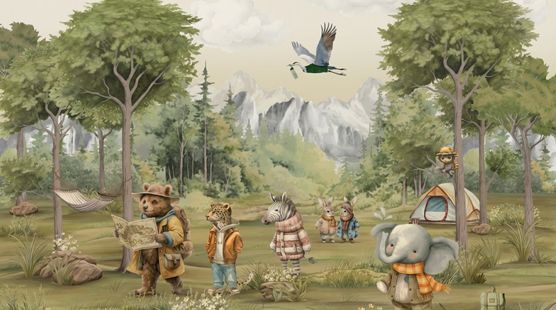 Montessori Wallpaper | Forest Animals Camping