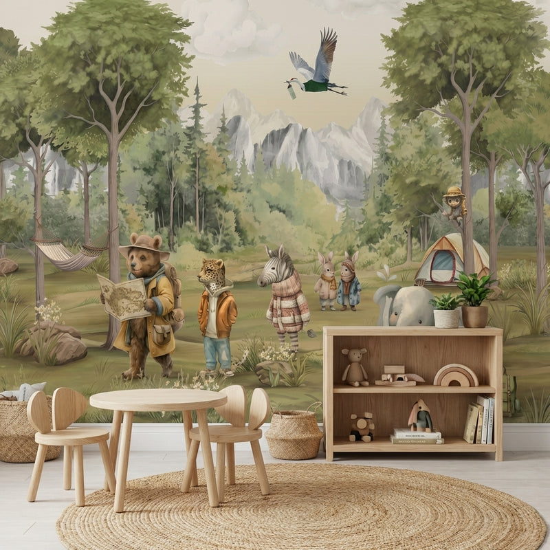 Montessori Wallpaper | Forest Animals Camping