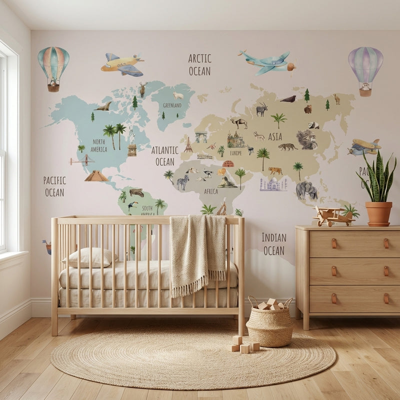 Montessori Wallpaper | World Map Kids Room