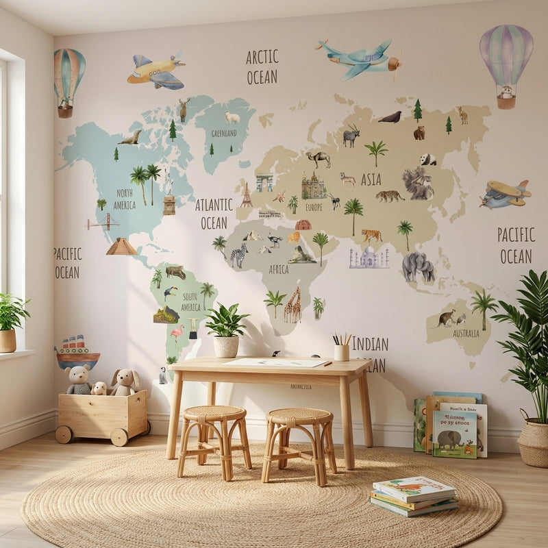 Montessori Wallpaper | World Map Kids Room