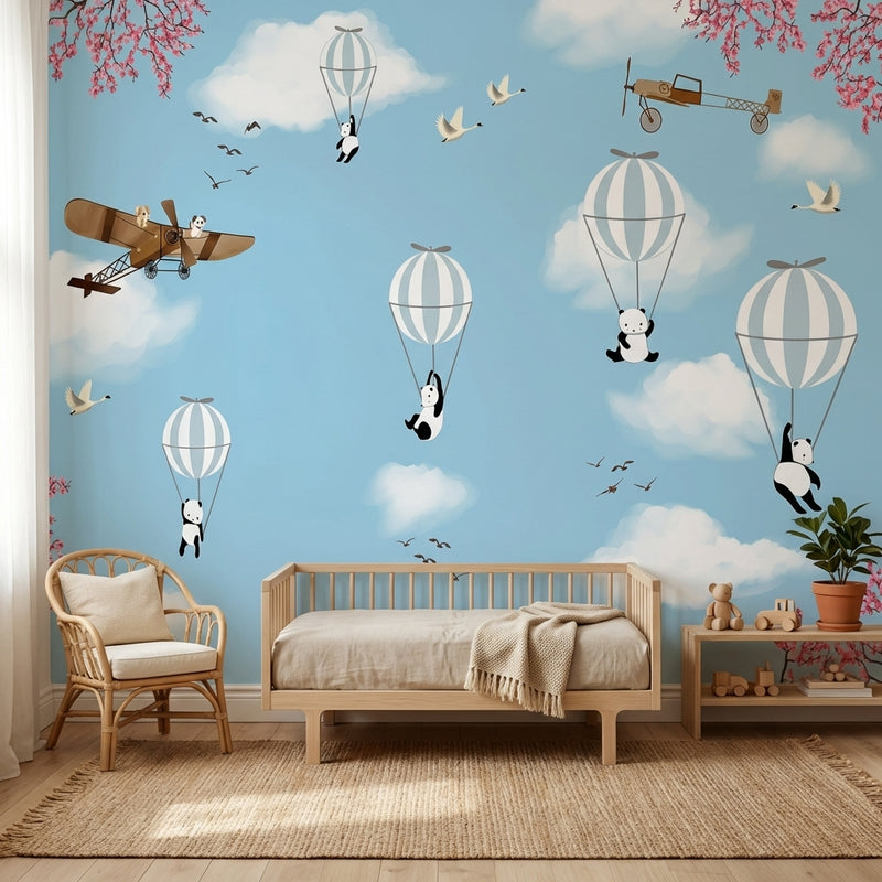 Montessori Wallpaper | Panda Hot Air Balloon