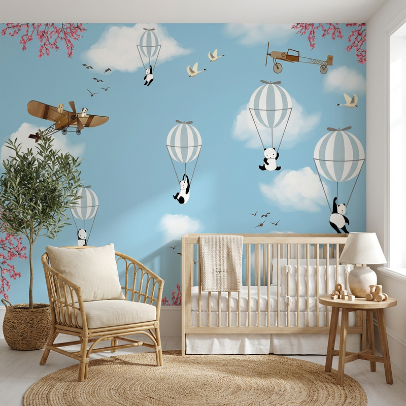 Montessori Wallpaper | Panda Hot Air Balloon